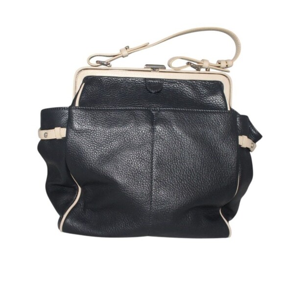 Brooks Brothers Handbag Purse Pebbled Leather Satchel Black with Ivory Trim - Picture 1 of 8